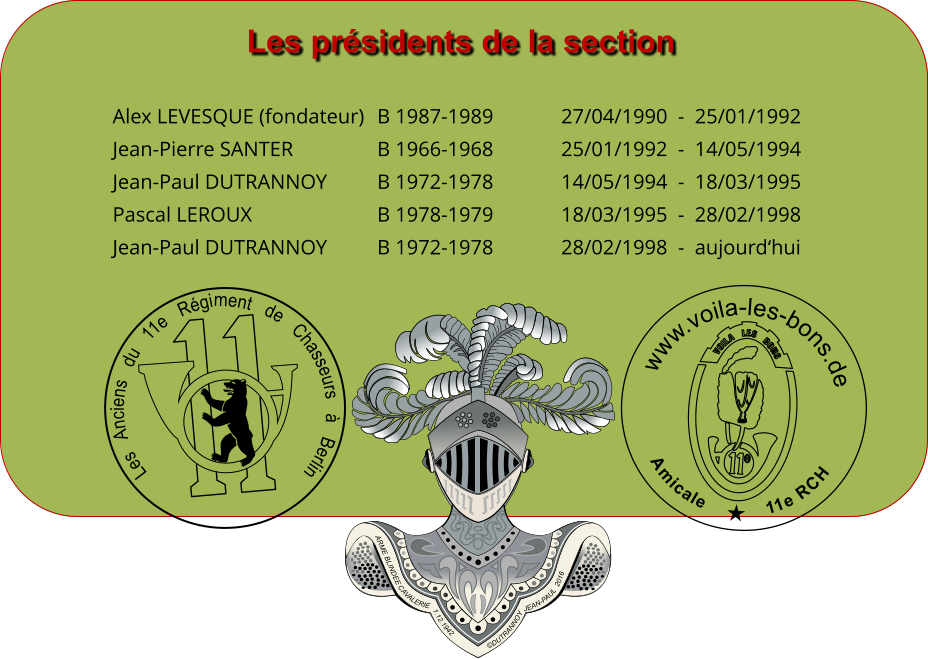 Les prsidents de la section Alex LEVESQUE (fondateur)	B 1987-1989             27/04/1990  -  25/01/1992 Jean-Pierre SANTER              	B 1966-1968             25/01/1992  -  14/05/1994 Jean-Paul DUTRANNOY       	B 1972-1978             14/05/1994  -  18/03/1995 Pascal LEROUX                     	B 1978-1979             18/03/1995  -  28/02/1998 Jean-Paul DUTRANNOY      	B 1972-1978             28/02/1998  -  aujourdhui              Les   Anciens   du   11e   Rgiment   de   Chasseurs      Berlin e Amicale            11e RCH www.voila-les-bons.de ARME BLINDEE CAVALERIE  1.12.1942 DUTRANNOY JEAN-PAUL  2016